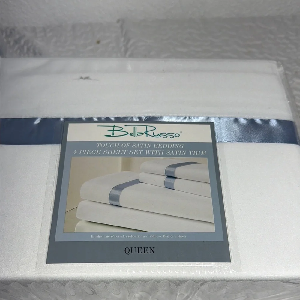 Bella Russo Satin Comforter Light Blue with Blue Trim Matching Queen Sheet Set